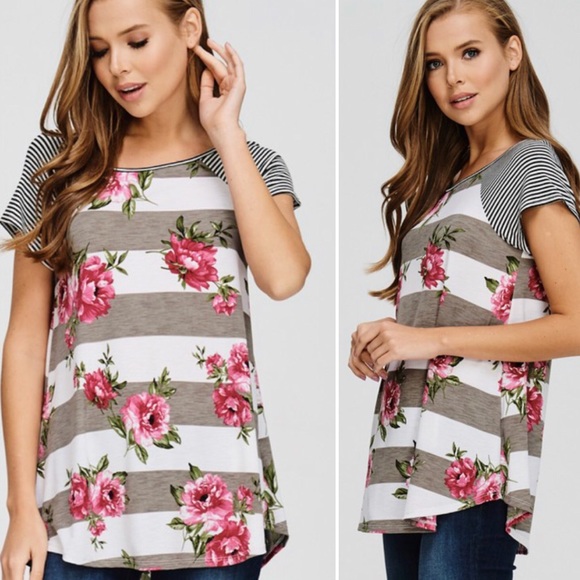 Last 1! Medium Striped/floral top in Ash Brown - Picture 3 of 7